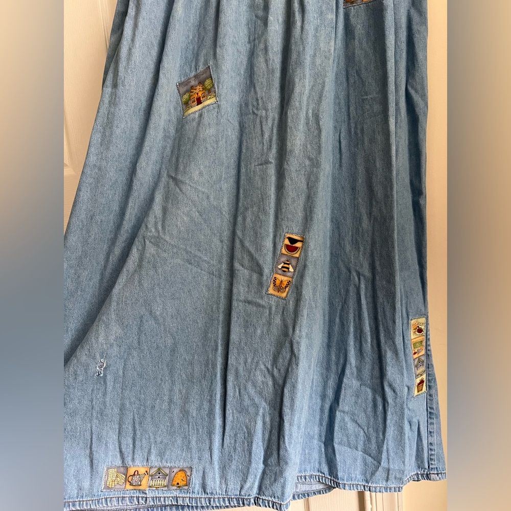 Vintage Jane Ashley Blue Denim Tie Back Garden Patchwork Cottagecore Dress Large - Picture 13 of 14